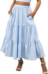 ANRABESS Women’s Summer Boho Flowy Swing Tiered A-Line Midi Skirt 2025 Fashion Trendy Elastic Waist Pleated Long Beach Dress with Pockets Blue X-Large