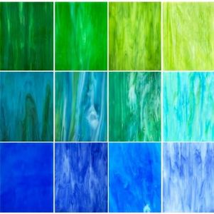 ILLUCKAI 12 Sheets Blue+Green Stained Glass Sheets Variety Pack, 6 x 4 inch Stained Glass Kit Supplies for Mosaic Glass Projects