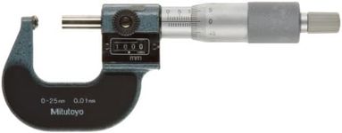 Mitutoyo 295-115 Spherical Face Micrometer Mechanical Counter Model Ratchet Stop 0-25mm Range 0.01mm Graduation +/-0.003mm Accuracy Flat Spindle