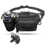 HCM Fanny Pack with Water-Bottle-Holder - Military Waist Bag Hip Belt Molle Pouch for Outdoor Survival Challenge, Camping, Hiking, Hunting with Patch Area and D Ring(Black)