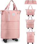 Rolling Duffle Bag with Wheels, Expandable Foldable Duffle Bag with Wheels and Handle for Travel, Rolling Luggage bag Carry on Duffel Bag, Wheeled Travel Duffle Bag, Large Weekend Bag (Pink)