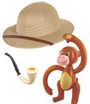 Dreamzfit - Adults Safari Pith Helmet Hat Fancy Dress Costume Accessory Set ~ Jungle Safari Hat, Smoking Pipe Prop & Inflatable Monkey for Men & Women Explorer Hunter Adventurer Traveler, Beige