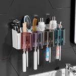 Toothbrush Holder Wall Mounted, Adhesive Toothbrush Holders, Multifunctional Bathroom Toothbrush Holder with 4 Cups and 4 Toothbrush Slots can Hold 8 Toothbrushs