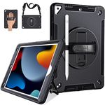 Miesherk Case for iPad 9th/8th/7th Generation 10.2 Inch: Military Rugged Protective Shockproof Cover for iPad 9th/8th/7th Gen 2021/2020/2019-Pencil Holder-Rotating Stand-Hand/Shoulder Strap-Black