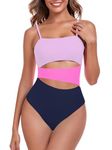 RELLECIGA Women's Fuchsia+Navy Blue Geometric Cutout Bathing Suits Adjustable Straps Bandeau One Piece Swimsuit for Women Size Medium