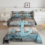 Anchor Nautical Comforter Set Queen,Vintage Plank Blue Brown Bedding Set 3pcs for Kids Teens Adults Room Decor,Camping Adventure Quilt Set,Rustic Farmhouse Duvet Insert with 2 Pillowcases