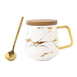 Eplze YBK Tech Porcelain Tea Cup Coffee Mug Set for Afternoon Tea - Marble Pattern (White, Tall 400ml + Wood lid)