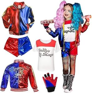 BIQIQI Déguisement Quinn Costume, Quinn Costume Enfant Cosplay Joker Costume avec Veste T-Shirt Short et Gant Suicide Squad Quinn Cosplay pour Halloween Noël Carnaval Clown Cosplay 140