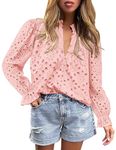 PRETTYGARDEN Women's Dressy Casual Blouse Tops Fall Puff Long Sleeve Button V Neck Hollow Out Lace Embroidered Shirts (Pink,Large)