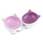 Navaris Cat Bowls with Ears - 2 Pack of Ceramic Cat Feeding Dishes with Anti Slip Silicone Feet - Purple Cat Shaped Food and Water Bowls Set