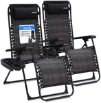 SereneLife Outdoor Rattan Zero Gravity Lawn Chairs, Set of 2 Adjustable Folding Recliners with Cup Holders, Side Table, and Pillow, Weather-Resistant, Durable and Perfect for Outdoor Comfort