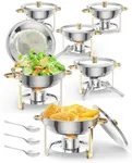 Chafing Dish for Buffet 6 Pack, 5QT Round Chafing Dishes Buffet Set w/Lid Holder, Stainless Steel Chafers and Food Warmers with Spoon and Tweezers for Parties, Weddings, Events, Banquet, Gold