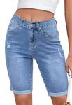 Metietila Women's Bermuda Jean Shorts Casual Summer Cuffed Hem Elastic Waist Denim Shorts for Ladies Lapis Blue XL