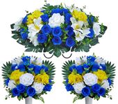 AILVEMEE Cemetery Flowers for Grave with Vase,Cemetery Saddle Flowers for Headstone,Artificial Flowers Bouquet and Saddle,Non-Bleed Color:Blue and White Rose,Yellow Hydrangea