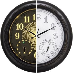 NESIFEE Illuminated Outdoor Clock Waterproof 18 Inches with Thermometer Hygrometer, Smart Sensor, Battery Operated, Large Black Metal Clocks for Patio, Garden, Living Room, Bedroom, Pool, Porch