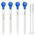 4pcs Glass Pipette Dropper,Glass Scale Line Pipette Lab Dropper,Blue Rubber Head Pipettors+ 2Pcs Cleaning Brush Glass Graduated Droppers Lab Pipettes Dropper Glass Liquid Pipette with Big Rubber Hats