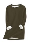 YMING Women Solid Color Round Neck Sweater Imitation Lamb Hair Sweater Long Sleeve Sweater Army Green S