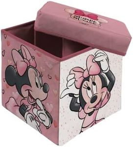 Superdiver Caja de almacenaje plegable con Tapa de Minnie Mouse - Licencia Oficial Disney - Silla taburete infantil con baúl para guardar cosas - Organizador de juguetes para niñas - 31x31x31 cm