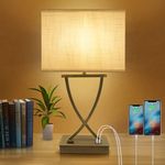 Oyedis 3-Way Dimmable Touch Control Table Lamp with Type C/USB Charging Port and 1 AC Outlet White Linen Shade Bedside Lamp for Bedroom Living Room Office and Hotel Bulb Included (Electplated Bronze)