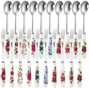 Nicunom 20 Pcs Dessert Forks and Spoons Silverware Set, Stainless Steel Mini Fork Spoon with Ceramic Handle, Floral Design Tea Coffee Spoon Cake Fruit Fork for Dessert, Appetizers, Salad