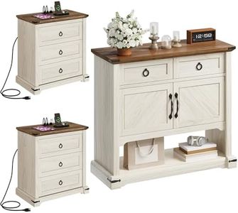YITAHOME Farmhouse Living Room Furniture Set of 3 | Console Table with 2-Door 2-Drawer Cabinet & Nightstand with 3 Drawers & USB | Coffee Bar & End Table Combo for Hallway, Entryway & Living Room