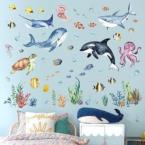decalmile Pegatinas de Pared Bajo el Mar Tropical Peces Vinilos Decorativos Tortugas Delfín Ballena Algas Adhesivos Pared Habitación Infantiles Niños Bebés Guardería Baño