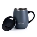 Grandties Insulated Coffee Mug with Handle - Sliding Lid for Splash-Proof 16 oz Wine-Glass Shape Thermal Tumbler with Double Walled Vacuum Stainless Steel to Keeps Beverages Hot or Cold - Black (Stone Grey)