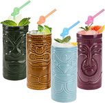 Jucoan 4 Pack Ceramic Tiki Mug, 300ml Tiki Drinking Cups, Exotic Zombie Cocktail Glasses, Tumblers Mai Tai Glass, Tiki Bar Professional Hawaiian Party Barware