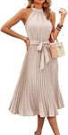 KIRUNDO Women's 2025 Summer Sleeveless Halter Neck Pleated Midi Cocktail Dresses A Line Flowy Beach Sun Dress with Belt(Beige, XX-Large)