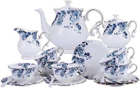 fanquare 21 Pieces Blue Rose British Afternoon Tea Set, Romantic Wedding Birthday Gift Tea Set, Porcelain Coffee Set for Adults