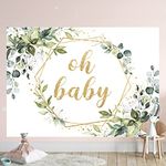 Riyidecor Oh Baby Banner Sign Baby Shower Decorations Backdrop Eucalyptus Greenery Newborn Party 7Wx5H Feet Polyester Fabric Leaves Gold Sage Green Neutral Photography Background Studio Photo Shoot