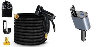 GREEN DYNASTY 100FT Expandable Garden Hose with 7-Mode Spray Gun & 200W 4-in-1 Retractable Car Charger | Heavy-Duty Outdoor & Auto Care Combo Kit (Black)