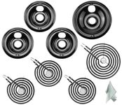 AMI PARTS 3 (6”) WB31M20 & 1 (8”) WB31M19 Black Porcelain Burner Drip Pans and 3 (6”) WB30M1 & 1 (8”) WM30M2 Electric Stove Burners Replacement Fit for G-E Hot-point Ken-more Electric Stove Burner