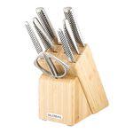 Global Takashi 8 Piece Knife Block Set, Japanese Stainless Steel Kitchen Knives & Wood Knife Block: Cooks Knife, Bread Knife, Vegetable Chopper, Utility & Peeling Knives, Kitchen Shears G-79668B