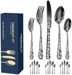 20pcs Stainless Steel Flatware Set, Unique Flower Pattern Silverware Set Service for 4 People, Black Cutlery Set with Knives/Forks/Spoons, Mirror Polished Utensil Set for Kitchen, Dishwasher Safe