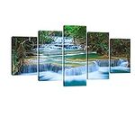 Wieco Art Peaceful Waterfall 5 Panels Large Canvas Paintings Wall Art Modern Gallery Wrapped Landscape Forest Giclee Canvas Print Artwork Photo Pictures for Living Room Bedroom Home Decorations L