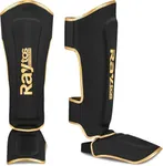 Raytos Muay Thai Shin Guards - MMA Kickboxing Leg Instep Protective Pads, Martial Art Sparring Gear for BJJ Karate Boxing Taekwondo Training, Men Adults Kids Children (B&Gold, M)