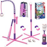 Baseball Set for Kids 3-5, 3-in-1 Tee Ball Set for Toddlers 1-3 Includes Batting Tee Ball Stand, Ball Launcher, Hanging Tee and 6 Softballs, Outdoor Sport Toy Gift for 3 4 5 6 Year Old Boy Girl (Pink)