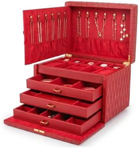 Homruilink Genuine Leather Jewelry Box for Women, 4 Layer, Red