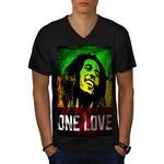 Wellcoda 420 One Love Pot Mens V-Neck T-Shirt, Rastafari Design Printed Tee Black XL