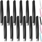 Swpeet 12Pcs 3.79 Inches Black Eyebrow Tweezers Stainless Steel Slant Tip Tweezers Kit, Professional Eyebrow Facial and Hair Remover, Slant Pointed Precision Tweezers Fits for Men and Women