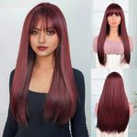 Creamily Long Hair Wig For Women,Full Head Straight Hair Wigs For Women,Straight Synthetic Wig Natural Looking,False Hair With Middle Part For Women Girls Diwali Use Cosplay 24Inch Wine Red