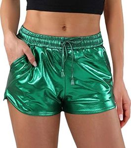 POSHDIVAH Green Metallic Shorts for Women Hot Sparkly Shiny Shorts with Elastic Drawstring L