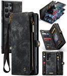 UFinetech Samsung S22 Ultra Case, Shockproof Card Holder Leather Wallet Cover Samsung Galaxy S22 Ultra 5G, Flip Magnetic 2-in-1 Detachable Zipper Slots Anti-scratch TPU Bumper Luxury Holster, Black