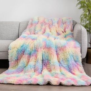 Uttermara Weighted Blanket Queen Size 20 lbs for Adults 60x80 inches, Long Shaggy Faux Fur and Cozy Warm Sherpa Reverse Weighted Blankets for Winter, Thick Heavy Blanket for Sofa Bed, Rainbow