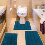 Striped Teal Blue Bathroom Rug Set 3 Pieces Ultra Soft, Non Slip Chenille Toilet Mat, Absorbent Plush Shaggy Bath Mats for Bathroom, Bedroom, Kitchen