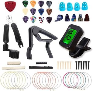 Guitar Accessories Kit with Guitar Strings,Guitar Tuner,Guitar Capo,3-in-1 Restring Tool,Pick Holder,Guitar Picks,Finger Protectors,Thumb Finger Picks, Guiter Bridge Pins,Guitar Nuts,Guitar Saddles