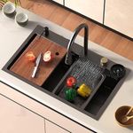 CROCODILE Nano Black Single Bowl Smart Kitchen Sink, 304-Grade Stainless Steel, 30x18x9 inches, Matt Black Finish, with Integrated Waterfall, Cup Washer, Drain Basket, RO Tap and Pull Out Faucet