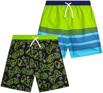 Quad Seven Boys Swim Trunks - 2 Pack Quick Dry Printed Boys Board Shorts Bathing Suit Kids Swimwear with Pockets (Size:8-18), Size 8-10, Video Games/Stripes