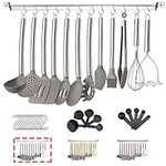 38 Piece Silicone Kitchen Cooking Utensils Set with Utensil Rack, Silicone Head and Stainless Steel Handle Cookware, Kitchen Tools for Utensil Sets, Non-Stick Kitchen Gadgets, Dishwasher Safe(Silver)